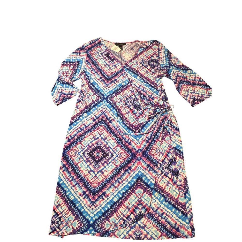 Ashley Stewart Tie Dye Wrap Dress 3/4 Sleeves V Neck Red White Blue Sz 22/24 NWT